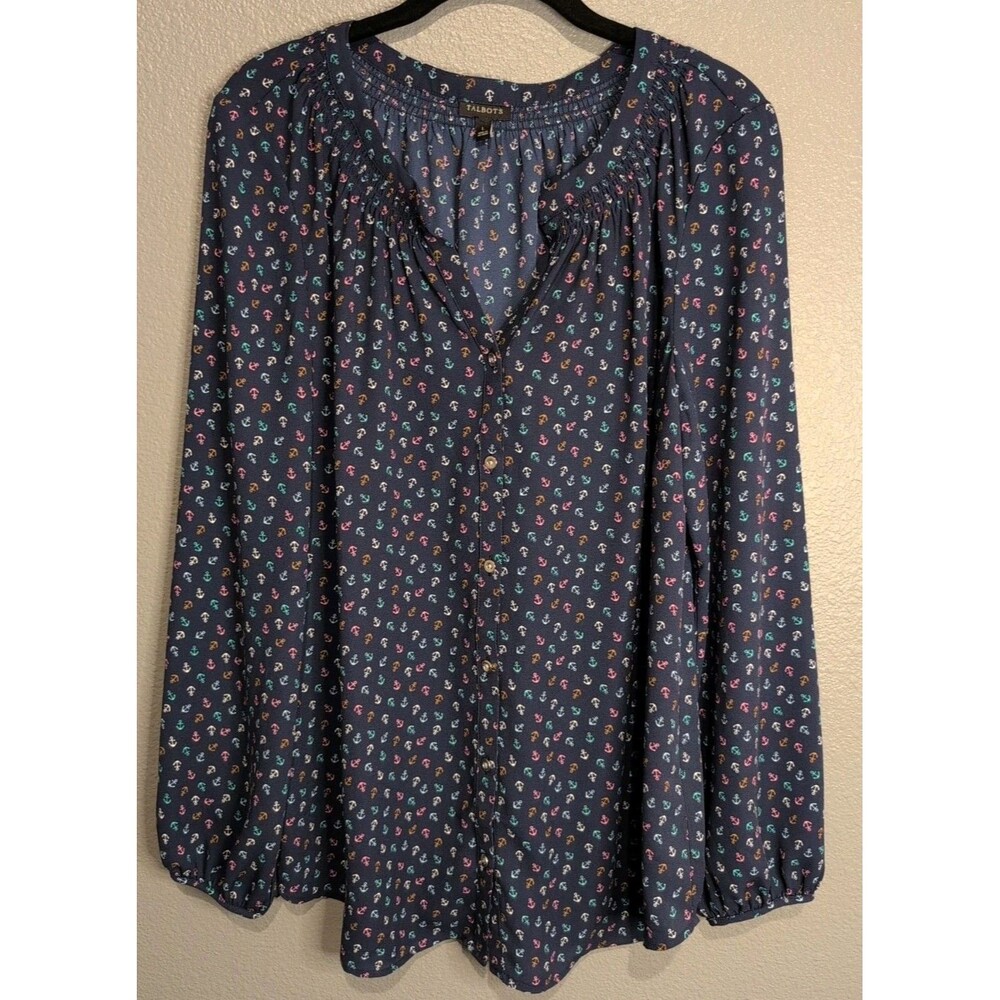 Talbots Button Up Blouse Navy Blue Nautical Anchor Print - Women's Large